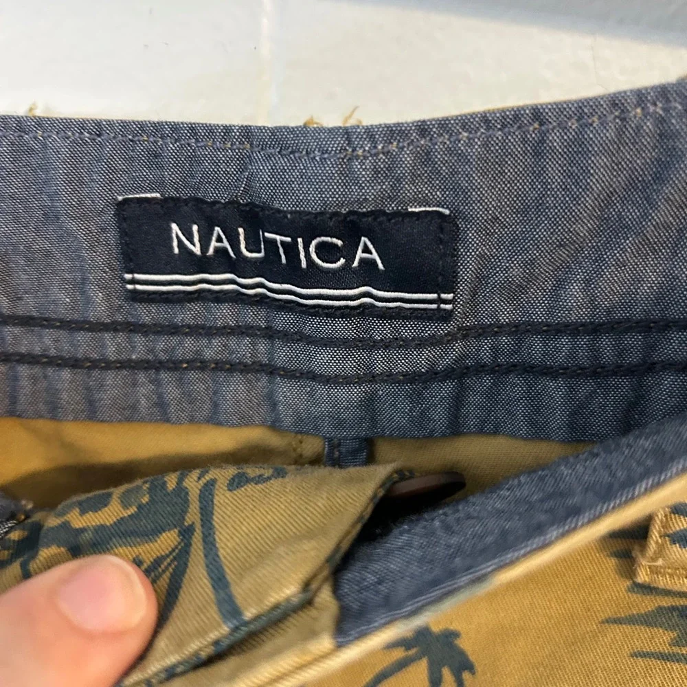 Nautica Mens Tropical Island Print Chino Shorts Mustard‎ Tan Blue Size 38W